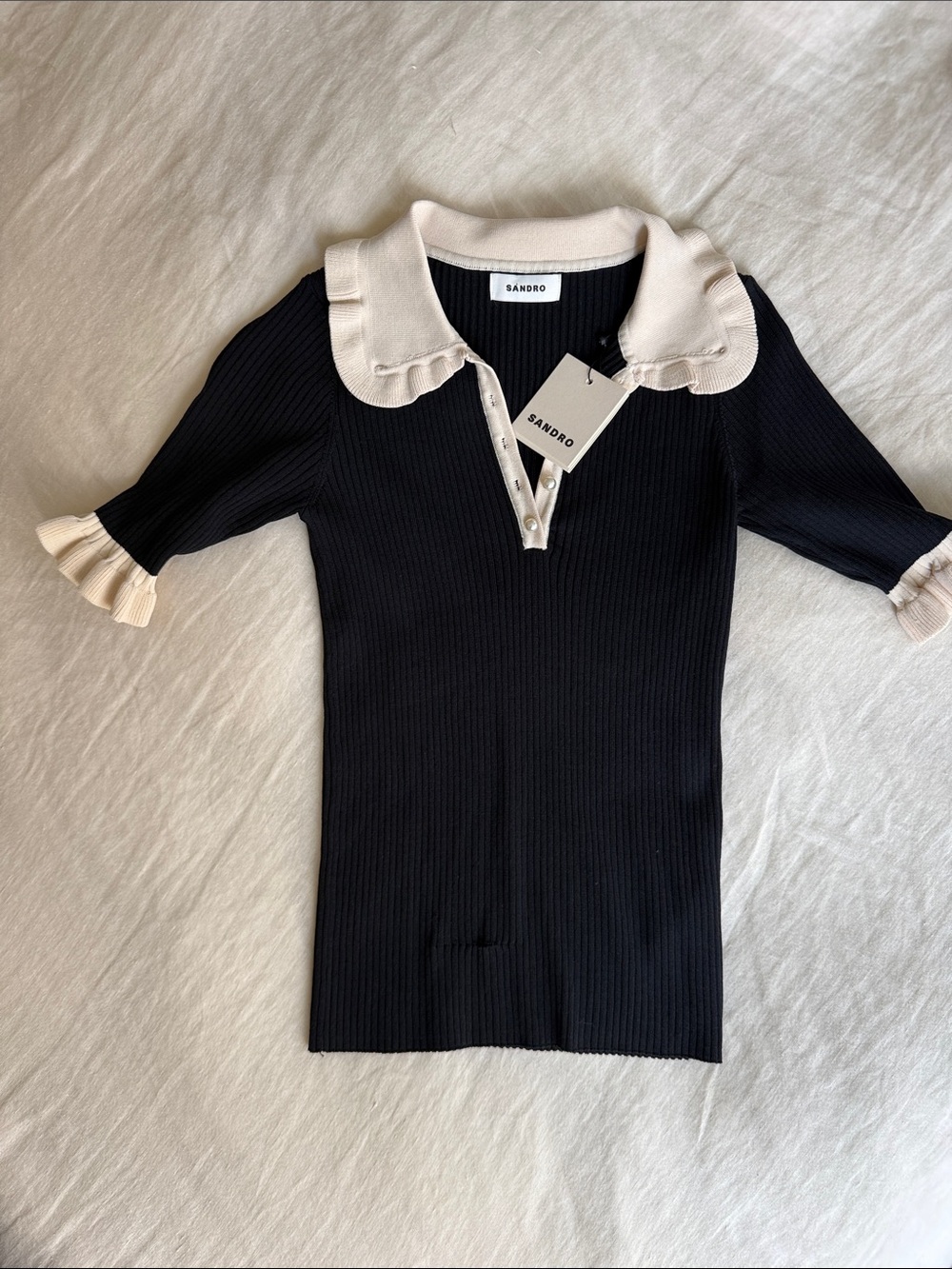 NWT Sandro Women’s Black Polo Top with Cream Ruffle Collar - Picture 2 of 5